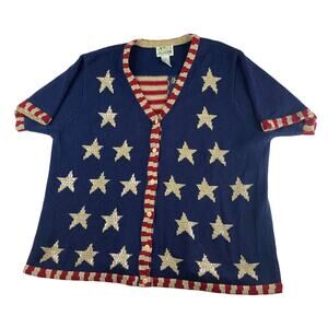 Quacker Factory Patriotic Stars Cardigan Navy Gold Red XL